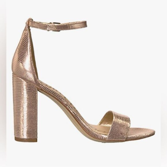 Sam Edelman YARO Rose Gold Leather Metallic Reptile Chunky 4" Open Toe Sandals - Picture 3 of 16